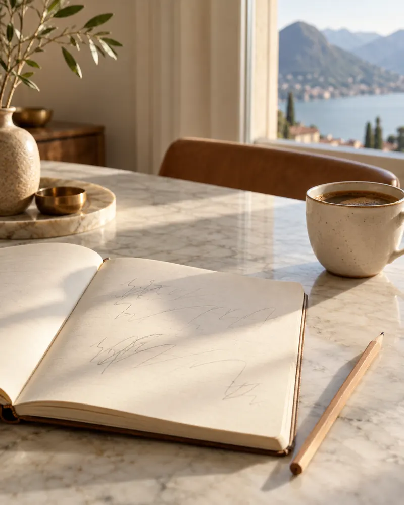 Un quaderno aperto con appunti a matita e una tazza di caffè