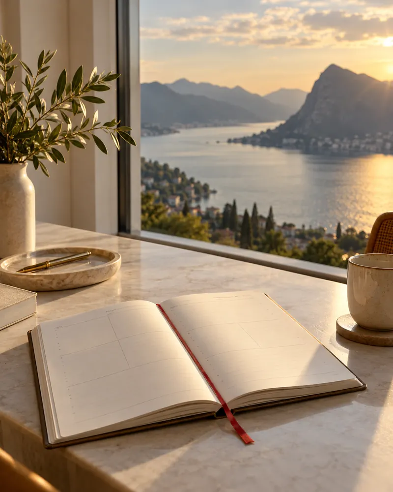 Un'agenda settimanale aperta davanti a una finestra sul lago di Lugano