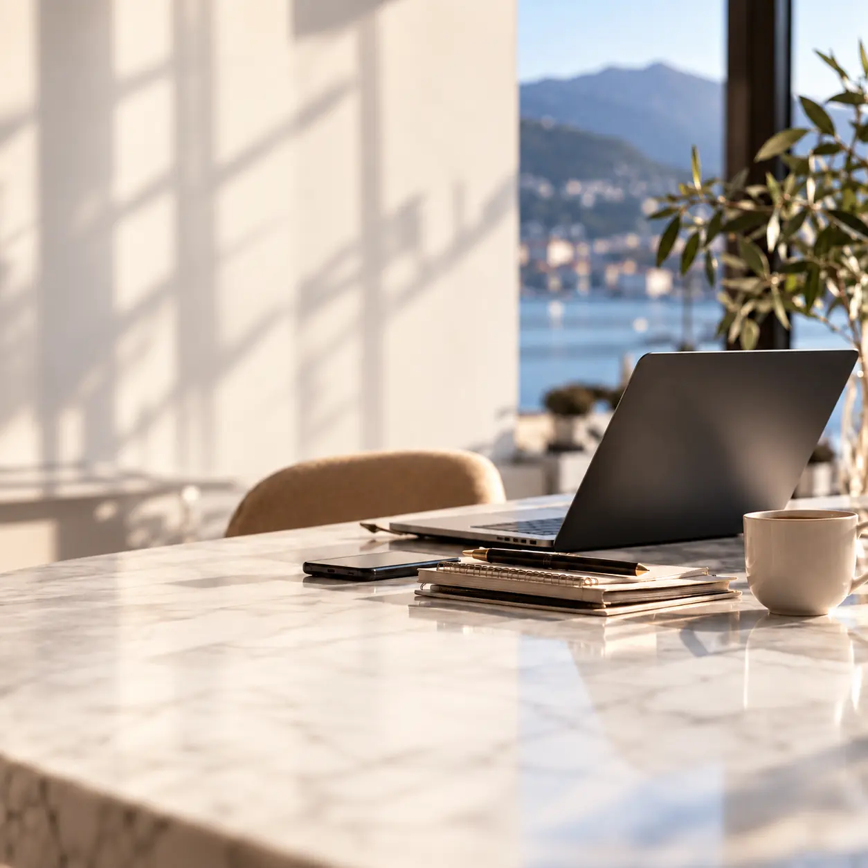 Una scrivania di marmo al sole, con quaderni e una tazza di caffè; sullo sfondo il lago e le montagne